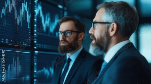 Two professionals analyze financial data from digital screens in a modern office environment, focusing on market trends and stock performance.