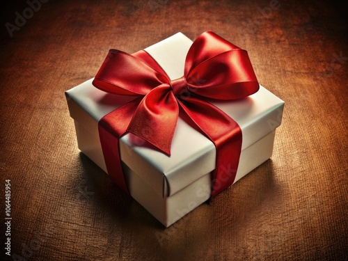 Elegant White Gift Box with Red Ribbon on Brown Background for Celebrations and Gifting