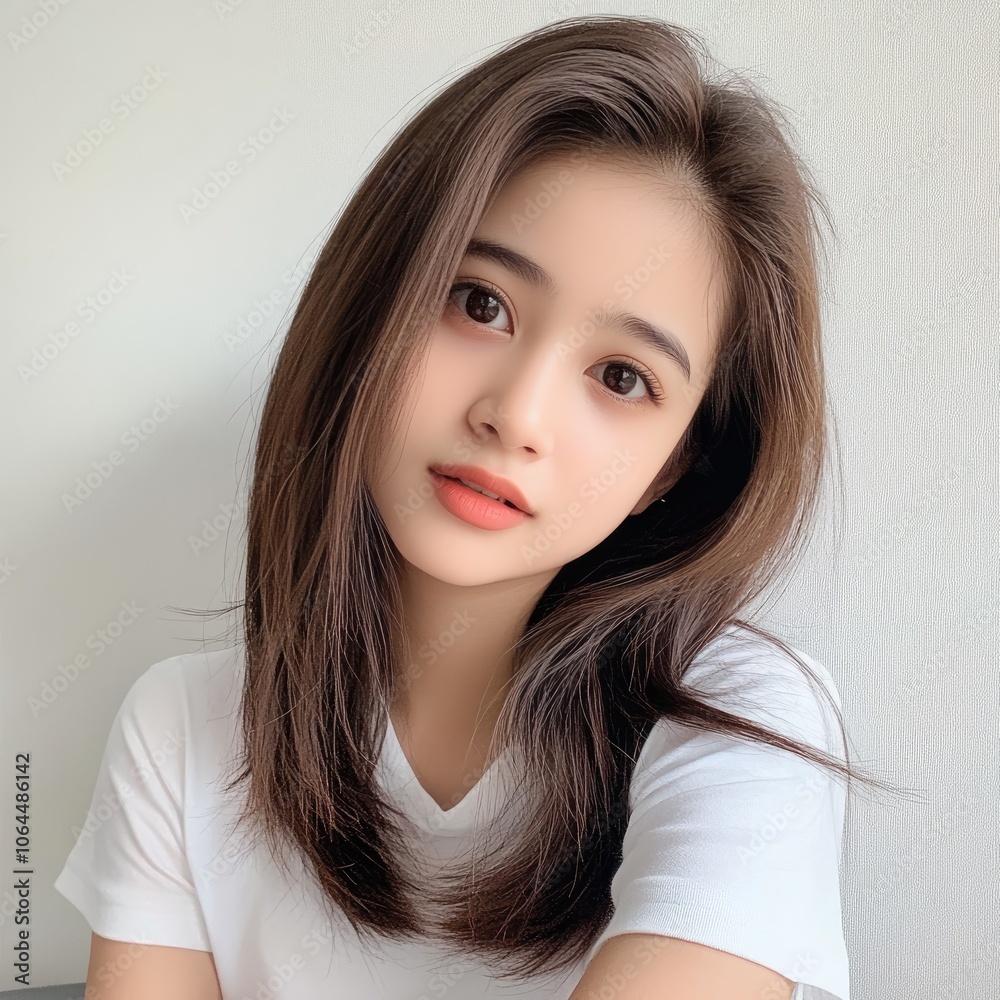 Young Woman with Long Hair in Modern Portrait Style Young Woman with Long Hair in Modern Portrait Style