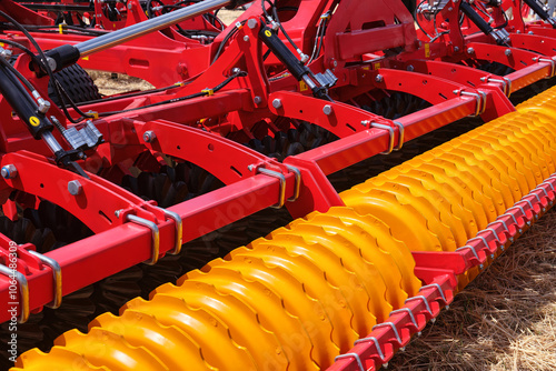 Close-up of a large modern plow yellow color or disc harrow for cultivating the land. New model of agricultural equipment.