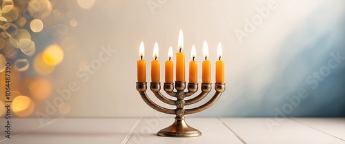 Glowing Hanukkah Menorah: A traditional brass menorah with eight brightly burning candles, set against a bokeh background of warm and cool tones. Perfect for celebrating the Festival of Lights.  photo