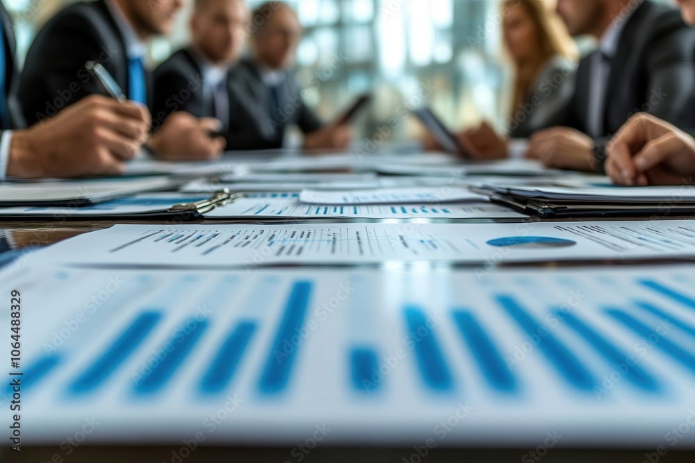 A group of professionals engaged in a meeting with documents and graphs on a table, indicating a discussion focused on business analytics and strategy. A group of professionals engaged in a meeting with documents and graphs on a table, indicating a discussion focused on business analytics and strategy.