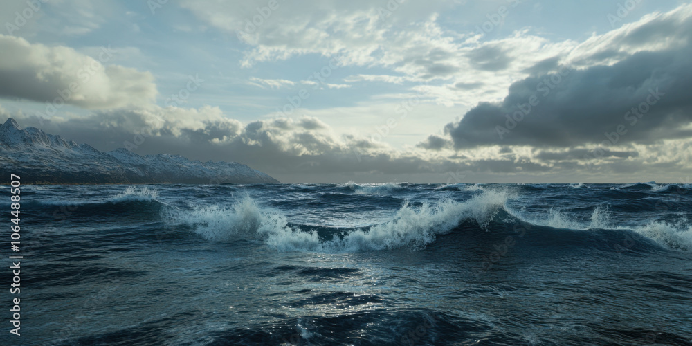 Dramatic ocean waves crashing against shore under cloudy sky create powerful and serene atmosphere. interplay of light and water evokes sense of natures beauty and strength