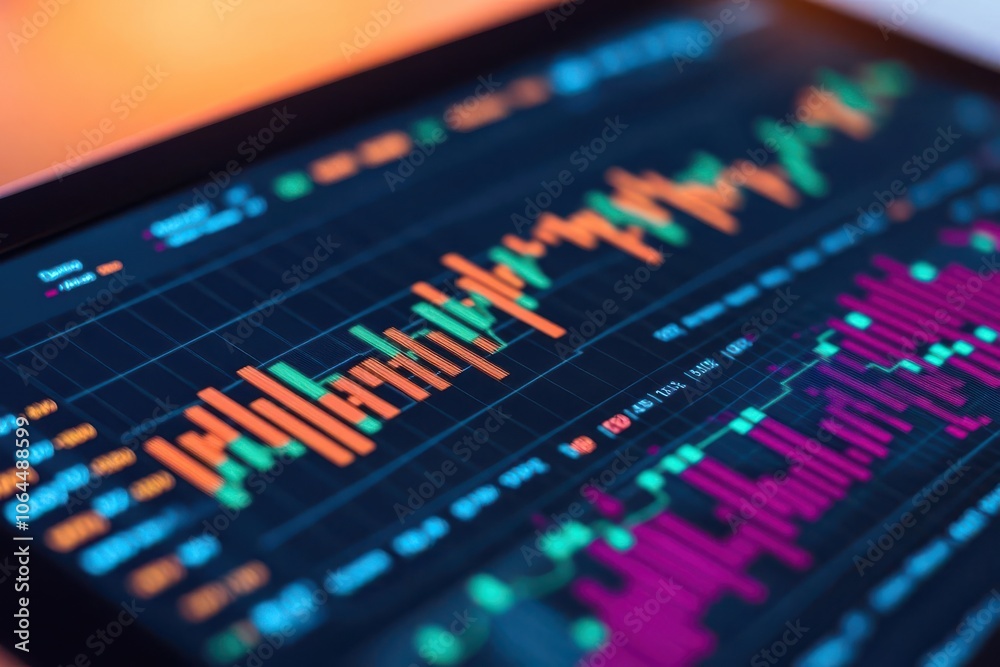 Description:**
A vibrant stock market chart displaying fluctuating graphs and data points in bright colors on a digital screen. Description:**
A vibrant stock market chart displaying fluctuating graphs and data points in bright colors on a digital screen.