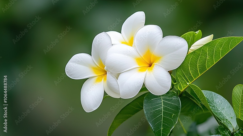 Fototapeta premium White Frangipani Blossoms with Green Leaves