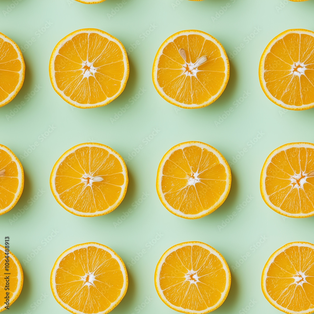 Seamless background image of cut oranges in a row on pastel green background generated by AI Seamless background image of cut oranges in a row on pastel green background generated by AI