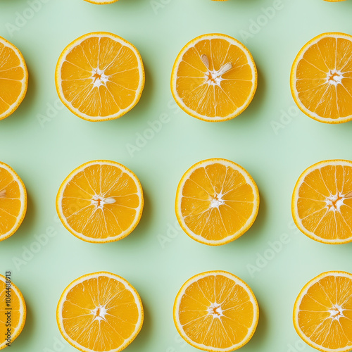 Seamless background image of cut oranges in a row on pastel green background generated by AI