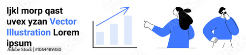 Two professionals observe and discuss a bar chart with an upward trend. Ideal for business growth analysis, strategy planning, data visualization, performance review, teamwork, market research