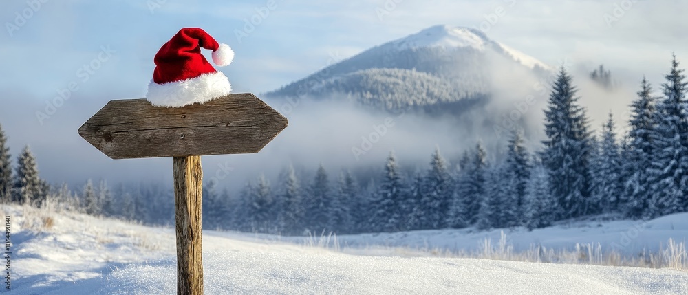 Fototapeta premium A cheerful Santa hat perched atop a rustic wooden directional sign, surrounded by a serene winter landscape, embodying the festive spirit of the holiday season.