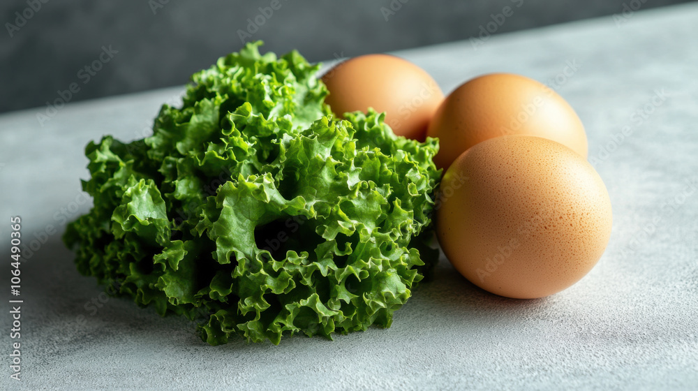 Fresh green lettuce and brown eggs on textured surface create vibrant and healthy kitchen scene. This combination of raw ingredients is perfect for nutritious meals Fresh green lettuce and brown eggs on textured surface create vibrant and healthy kitchen scene. This combination of raw ingredients is perfect for nutritious meals