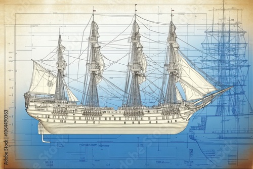 Illustration of a technical drawing of an old boat galleon style mixing the vintage aspect