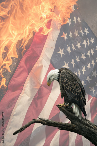 A sad bald eagle with its head hung grieves the end of democracy with an American flag burning in the background