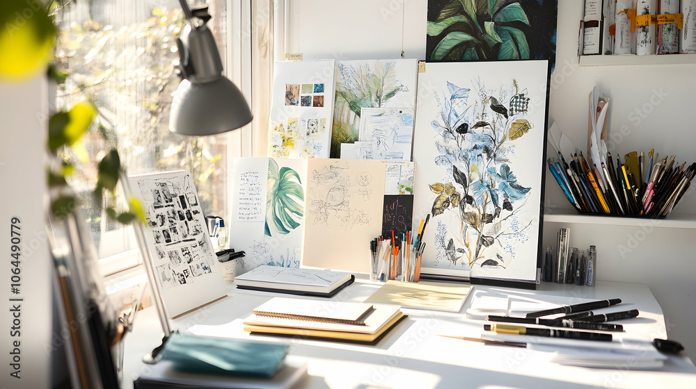 Fototapeta premium A messy artist's desk with sketches, art supplies, and a window with sunlight.