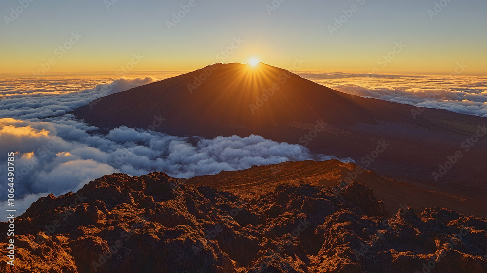 Fototapeta premium A majestic sunrise over a mountain range with clouds below.