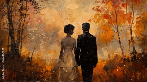 Romantic Couple Silhouette in Autumn Forest Painting