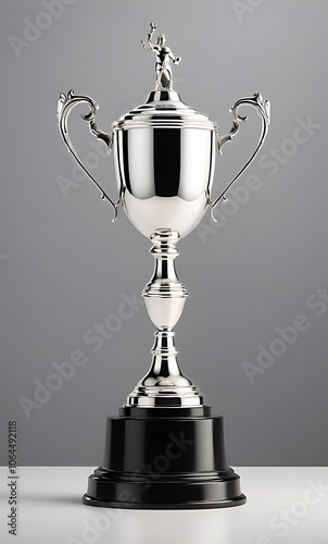 Silver Trophy Cup with Elegant Handles on Simple Background with Wide Copy Space for Text