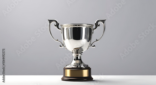 Silver Trophy Cup with Elegant Handles on Simple Background with Wide Copy Space for Text
