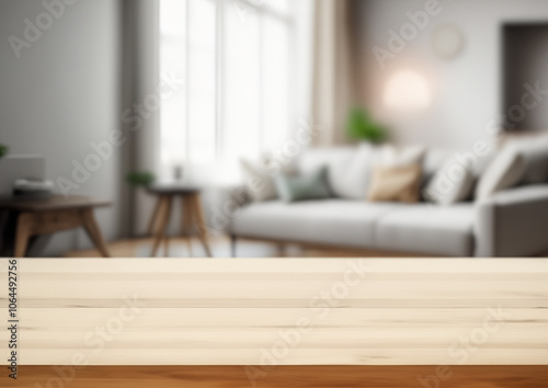Wooden table top with blurry background living room