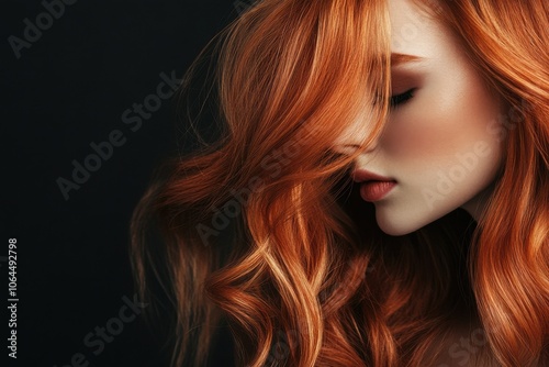 Isolated woman with copper-colored hair with a hint of coppery glow