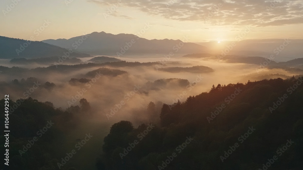 Aerial view of misty mountains at sunrise Aerial view of misty mountains at sunrise