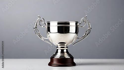 Silver Trophy Cup with Elegant Handles on Simple Background with Wide Copy Space for Text