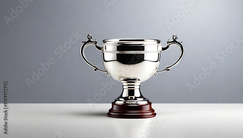 Silver Trophy Cup with Elegant Handles on Simple Background with Wide Copy Space for Text