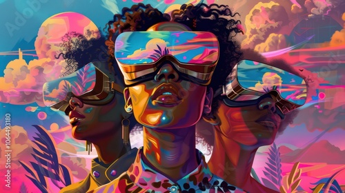 Multiracial artists creating immersive digital art that engages audiences in interactive experiences. Illustrations photo