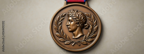 Bronze Medal with Embossed Laurel Wreath on Plain Background and Ample Copy Space for Text