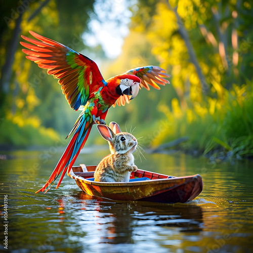 A heartwarming moment unfolds on a peaceful river as Benny, the rabbit, navigates his wooden boat. Overhead, Penny the parrot, adorned with gleaming multicolored feathers, flies gracefully, her colors photo