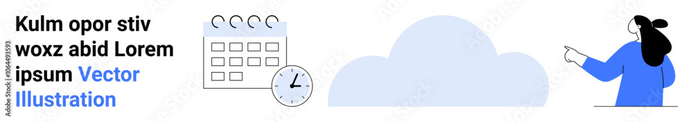 Woman wearing blue top pointing at a stylized cloud. Includes calendar and clock icons suggesting productivity and time management. Ideal for business, tech, scheduling, organization, planning, cloud Woman wearing blue top pointing at a stylized cloud. Includes calendar and clock icons suggesting productivity and time management. Ideal for business, tech, scheduling, organization, planning, cloud