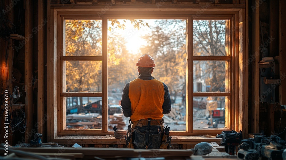 A construction worker in a safety helmet stands inside a building, gazing at a beautiful sunrise through a newly fitted window frame. The scene captures autumn foliage outside. A construction worker in a safety helmet stands inside a building, gazing at a beautiful sunrise through a newly fitted window frame. The scene captures autumn foliage outside.