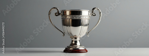 Silver Trophy Cup with Elegant Handles on Simple Background with Wide Copy Space for Text