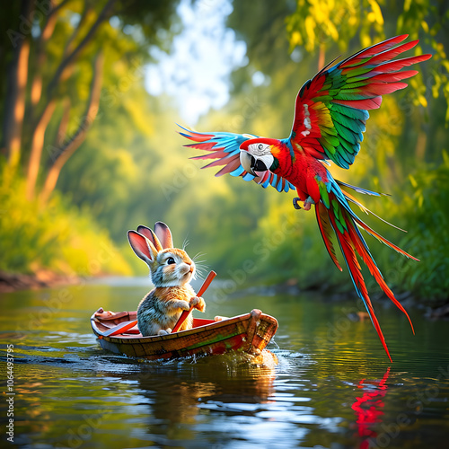 The image captures a tranquil scene where Benny, a small rabbit, paddles his wooden boat along a serene stream. Above him, Penny, a vibrant parrot with radiant red, green, and blue feathers, glides th photo