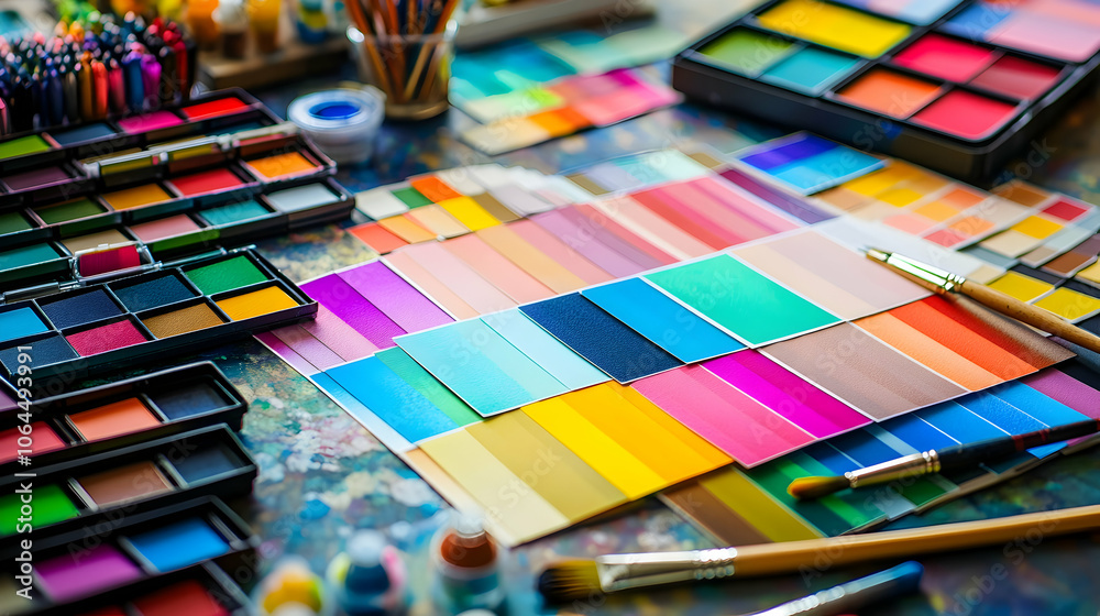 Colorful art supplies on a table, including paint, brushes, and a color chart. Colorful art supplies on a table, including paint, brushes, and a color chart.