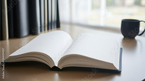 open journal on sleek desk with coffee cup nearby creates serene workspace atmosphere, inviting creativity and reflection