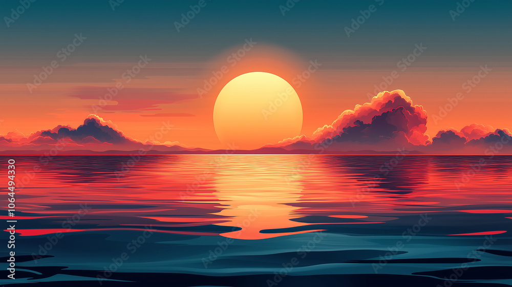 Abstract Minimal sunset seascape with cloud above the water Abstract Minimal sunset seascape with cloud above the water