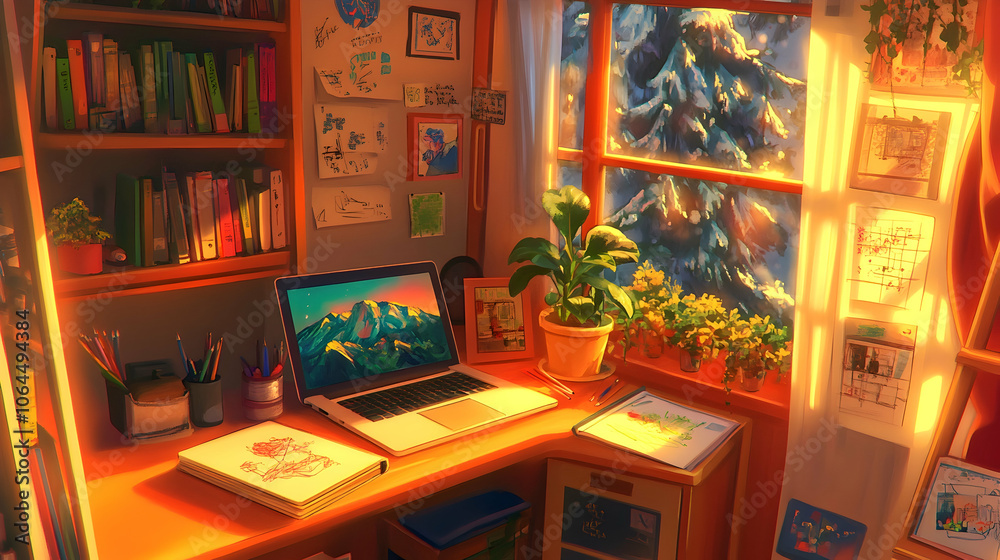 Cozy workspace with a laptop, books, plants, and a window view of snowy mountains. Cozy workspace with a laptop, books, plants, and a window view of snowy mountains.