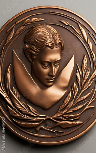 Bronze Medal with Embossed Laurel Wreath on Plain Background and Ample Copy Space for Text
