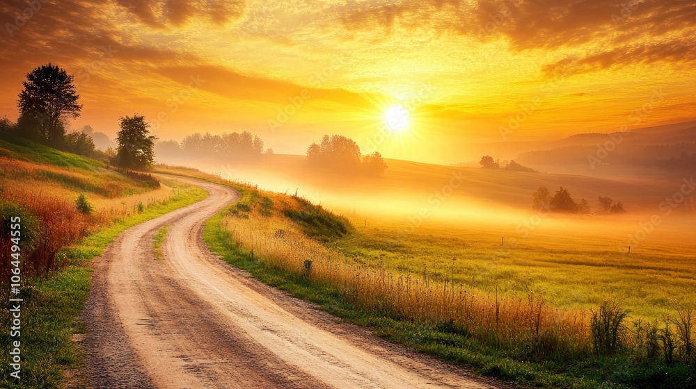 Fototapeta premium Winding Farm Road through Foggy Landscape - fields, meadow, sun during sunrise 