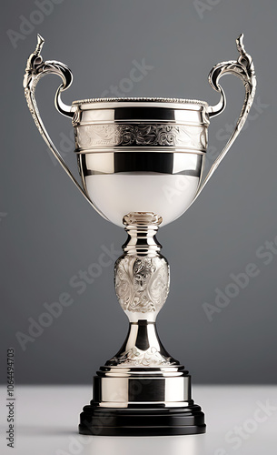 Silver Trophy Cup with Elegant Handles on Simple Background with Wide Copy Space for Text