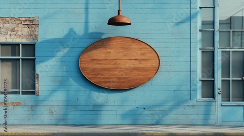 Blank Oval Wood Signboard Hanging on Blue Wall