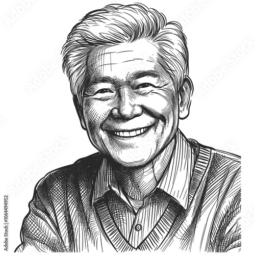 A hand-drawn sketch of a friendly elderly man smiling warmly