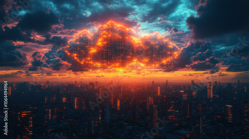 stunning digital cloud formation illuminates skyline at sunset, casting warm glow over city. vibrant colors and pixelated design create futuristic atmosphere, evoking feelings of hope and innovation