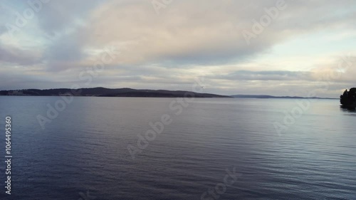 Wallpaper Mural Drone flying low over water following seagulls, cloudy dusk shot towards bruny island Tasmania Torontodigital.ca