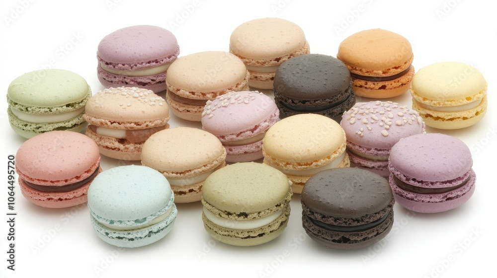 A beautifully arranged selection of delicate macarons in various pastel colors, displayed against a clean white background, highlighting their exquisite details and inviting sweetness A beautifully arranged selection of delicate macarons in various pastel colors, displayed against a clean white background, highlighting their exquisite details and inviting sweetness