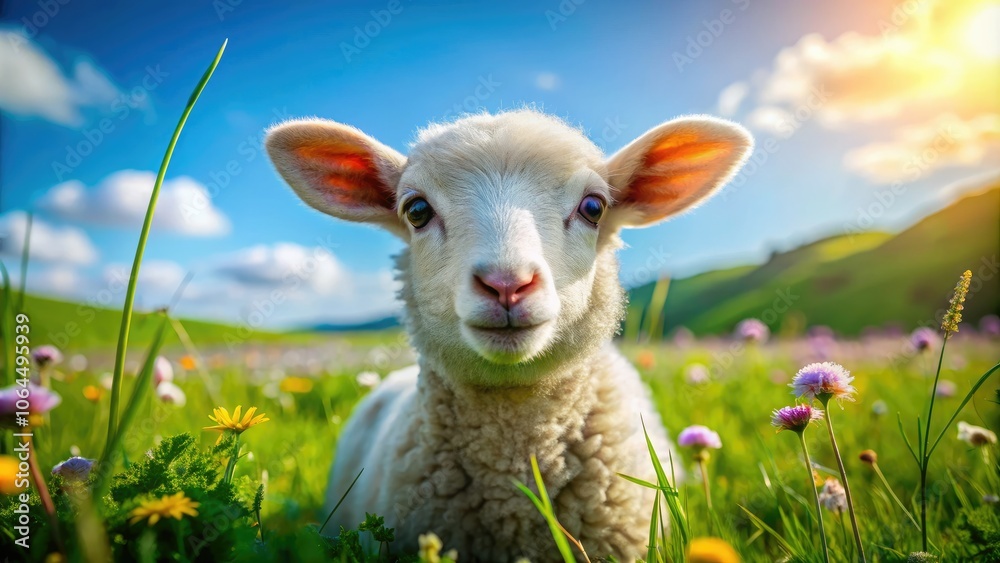 Obraz premium Endearing fluffy lamb with captivating eyes and a joyful smile, surrounded by a serene countryside filled with lush grass and colorful wildflowers, perfect for nature lovers.
