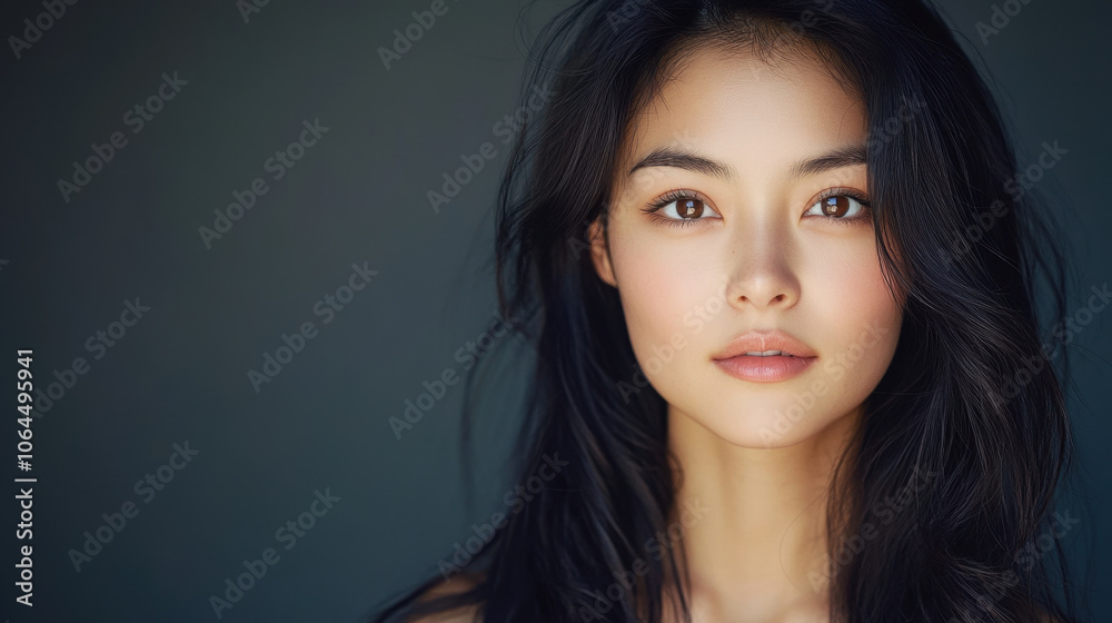 Fototapeta premium close up portrait of young woman with long, dark hair and natural makeup, showcasing her clear skin and expressive eyes. soft lighting enhances her features beautifully
