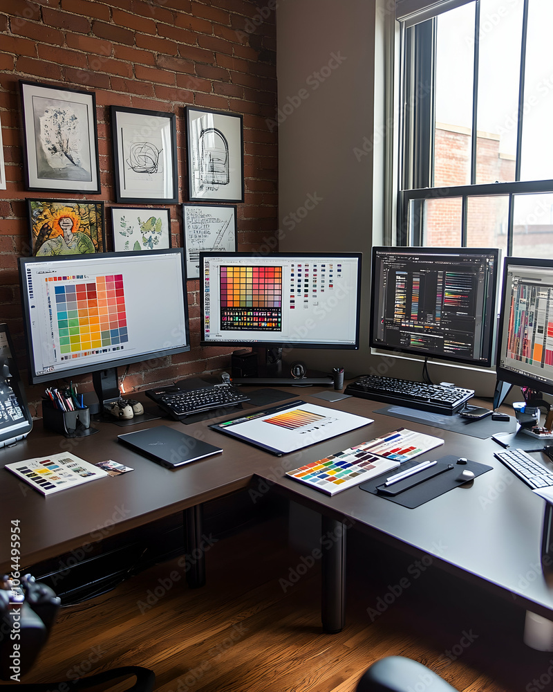 Modern office workspace with three computer monitors, a tablet, and design tools. Modern office workspace with three computer monitors, a tablet, and design tools.