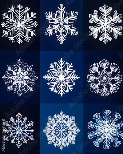 Nine intricate white snowflakes on a dark blue background.