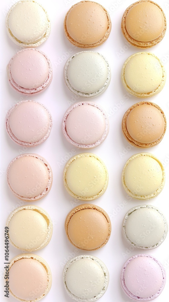 A beautifully arranged selection of macarons in various pastel colors, elegantly displayed against a pristine white background, highlighting their delicate textures and inviting sweetness A beautifully arranged selection of macarons in various pastel colors, elegantly displayed against a pristine white background, highlighting their delicate textures and inviting sweetness